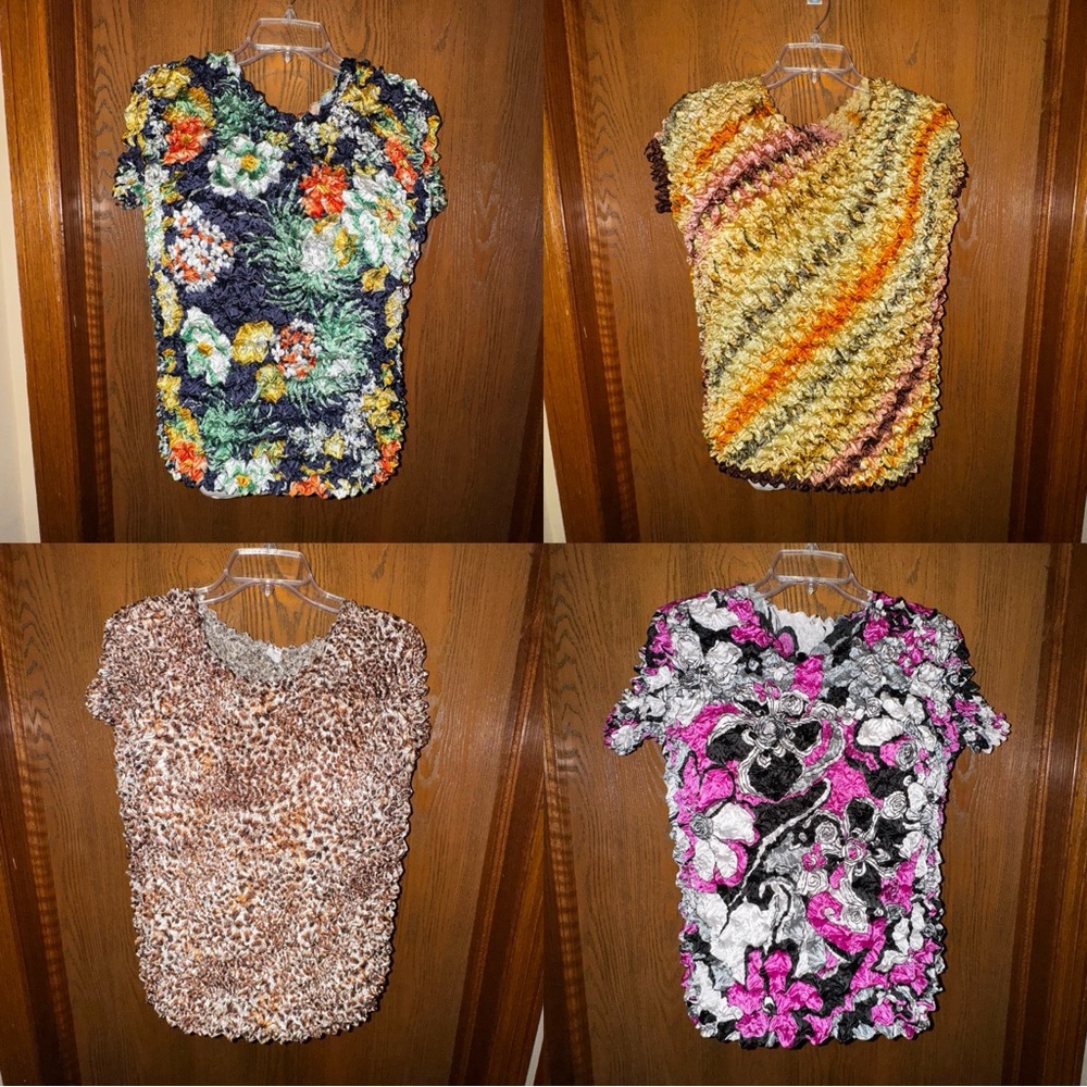 Lot of 4 Women’s Puffy-Popcorn Stretchy short sleeve tops various colors pattern